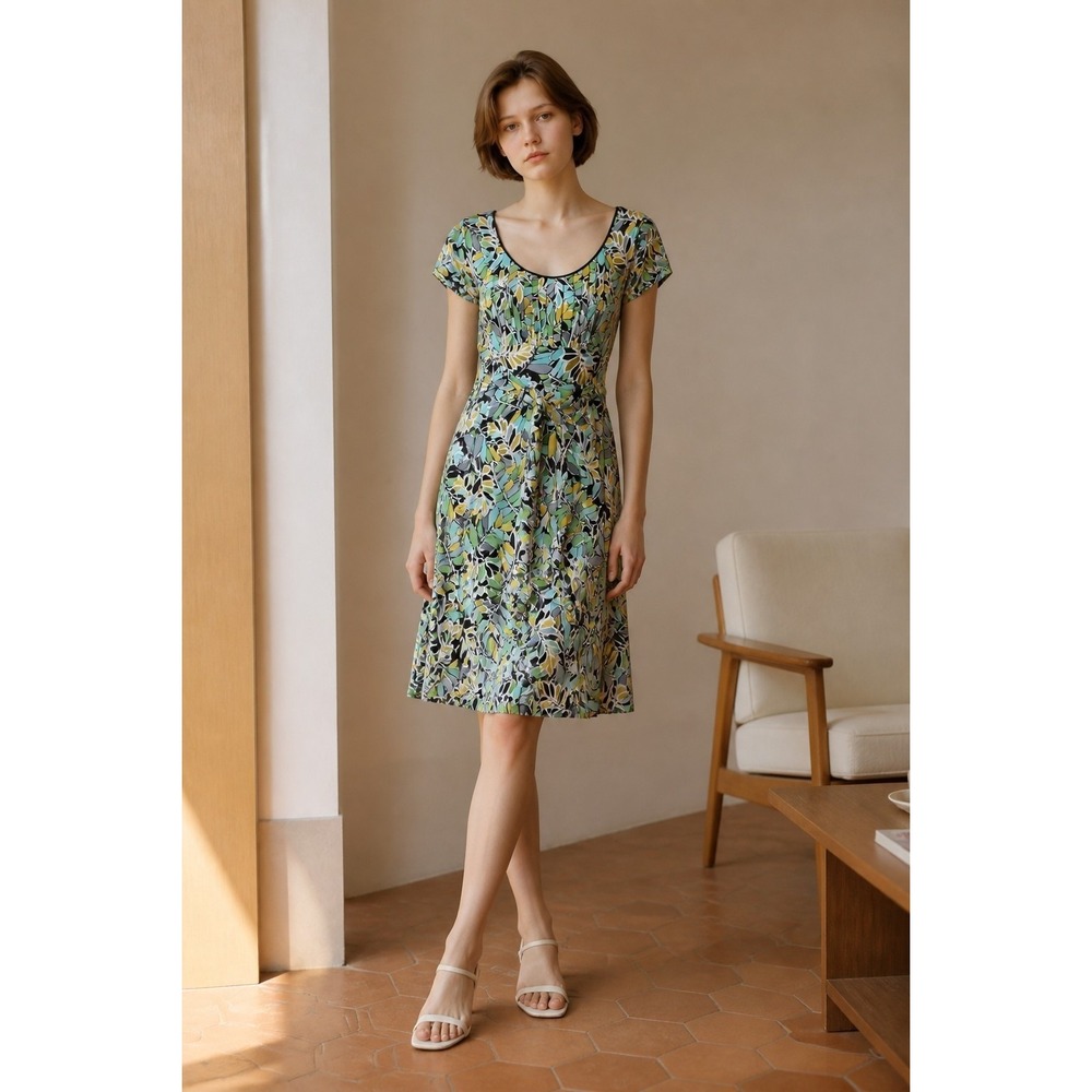 Danny & Nicole Womens Green Blue Leaf Print Scoop Neck Short Sleeve Dress 16